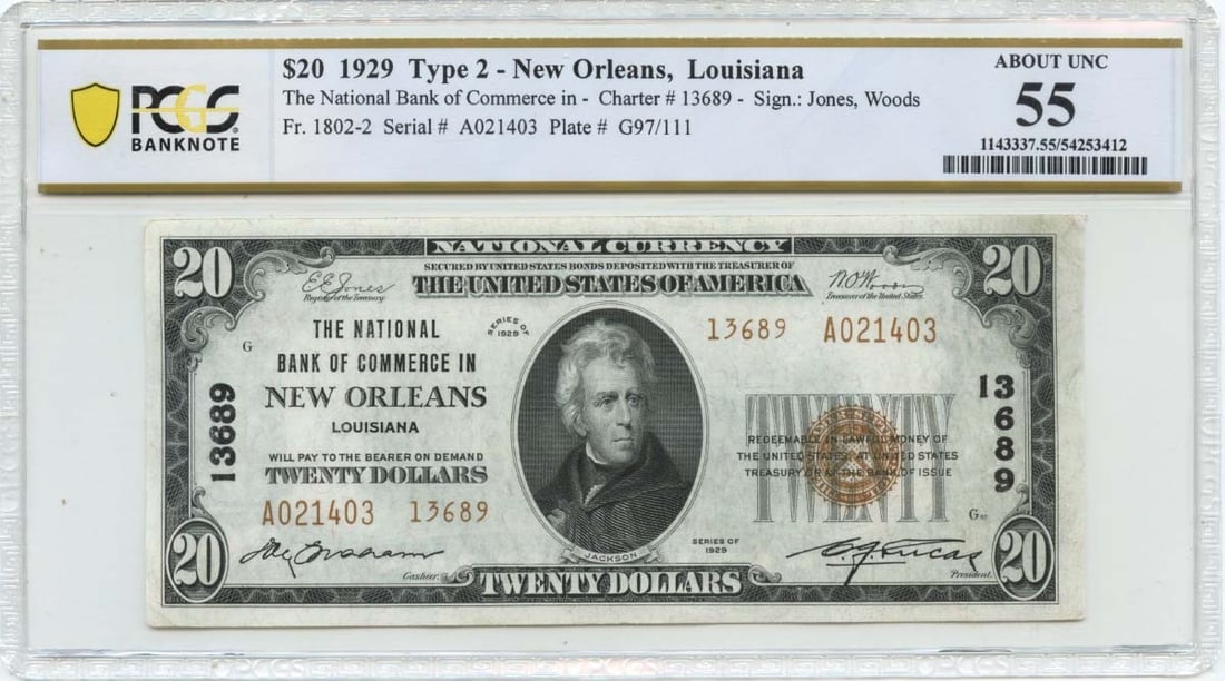 $20 National FR#1802-2 NB New Orleans Louisiana Commerce PCGS AU55: $20 National FR#1802-2 NB New Orleans Louisiana Commerce PCGS AU55 The $20 National FR#1802-2 NB New Orleans Louisiana Commerce features a stunning AU55 grade from PCGS, showcasing its circulated cond
