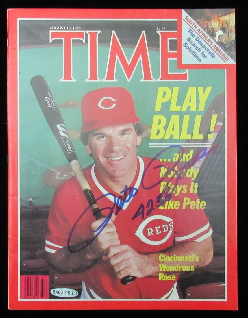 Pete Rose Signed/ Inscr 8/ 19/ 1985 TIME Magazine NO LABEL Newstand UDA 199493: Pete Rose Signed/ Inscr 8/ 19/ 1985 TIME Magazine NO LABEL Newstand UDA 199493 Signed by Pete Rose in 1985, this Time Magazine cover bears an inscription on the back. The magazine's original issue fro