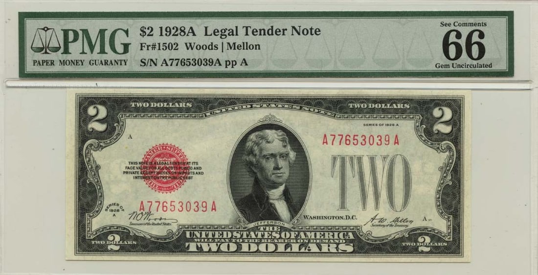 1928A $2 Legal Tender Red Fr# 1502 PMG Gem 66 EPQ: 1928A $2 Legal Tender Red Fr# 1502 PMG Gem 66 EPQ MS66 Gem 1928A $2 Legal Tender Red, PMG Certification Number 1021125031. This uncirculated note boasts a stunning MS66 grade and features the iconic