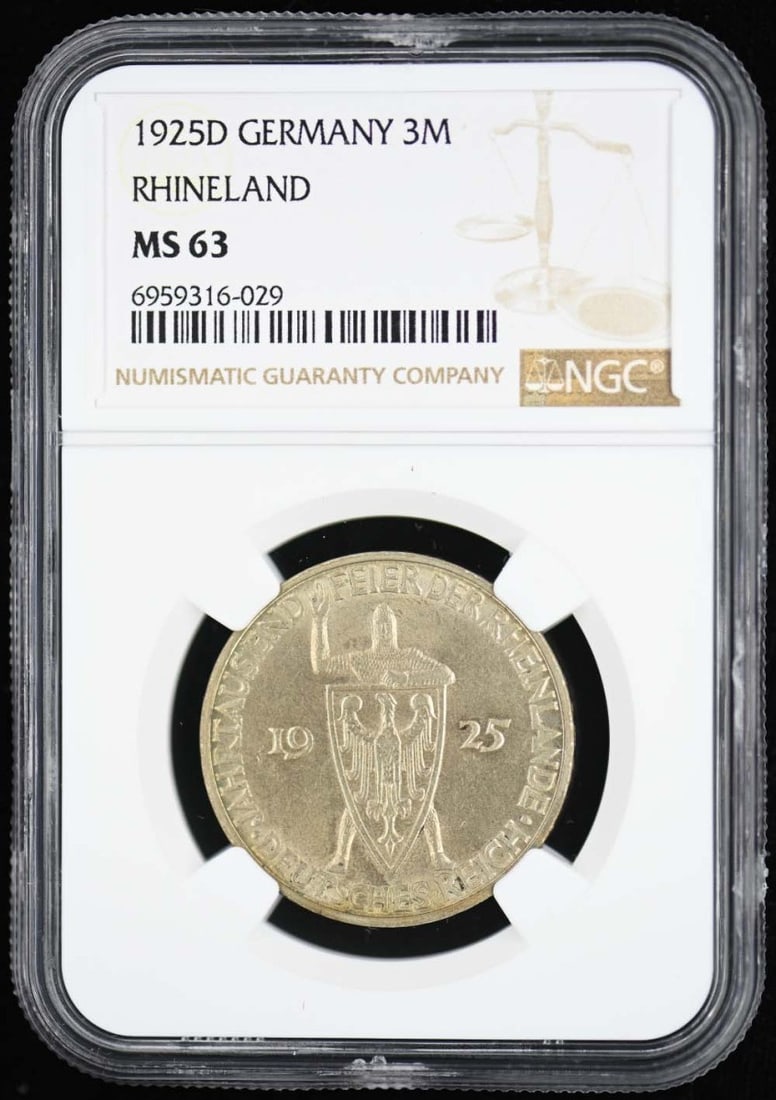 1925D GERMANY RHINELAND 3M NGC MS63: 1925D GERMANY RHINELAND 3M NGC MS63 The 1925D Germany Rhineland 3M NGC MS63 coin boasts an impressive grade of MS63, indicating its exceptional condition and rarity. This uncirculated specimen bears t