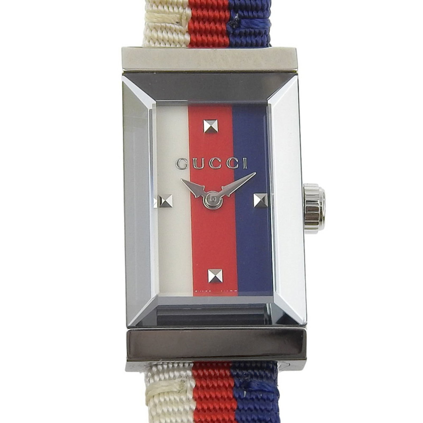 Wristwatch from Gucci: Wristwatch from Gucci Stainless steel case with a canvas band, this Gucci wristwatch features an analog display and a multi-color dial. Measuring 25mm in diameter, it's designed to fit wrists up to 15