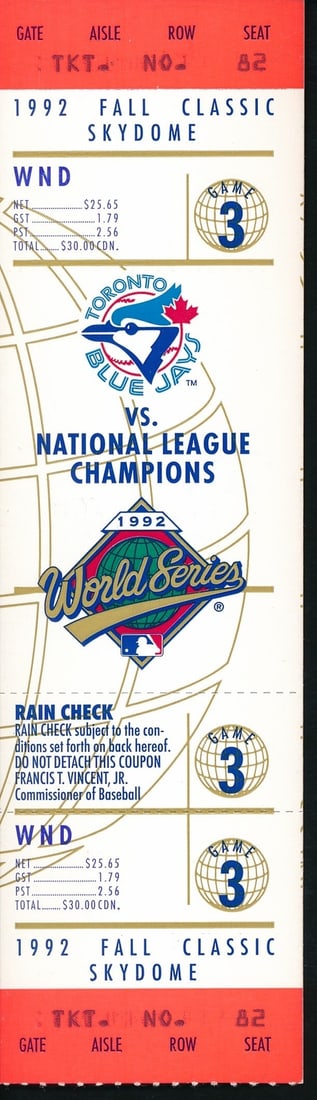 1992 World Series Game 3 Full Ticket Toronto Blue Jays vs. Atlanta Braves 193537: 1992 World Series Game 3 Full Ticket Toronto Blue Jays vs. Atlanta Braves 193537 Original 1992 World Series Game 3 ticket from the Toronto Blue Jays vs. Atlanta Braves, bearing the signature of an