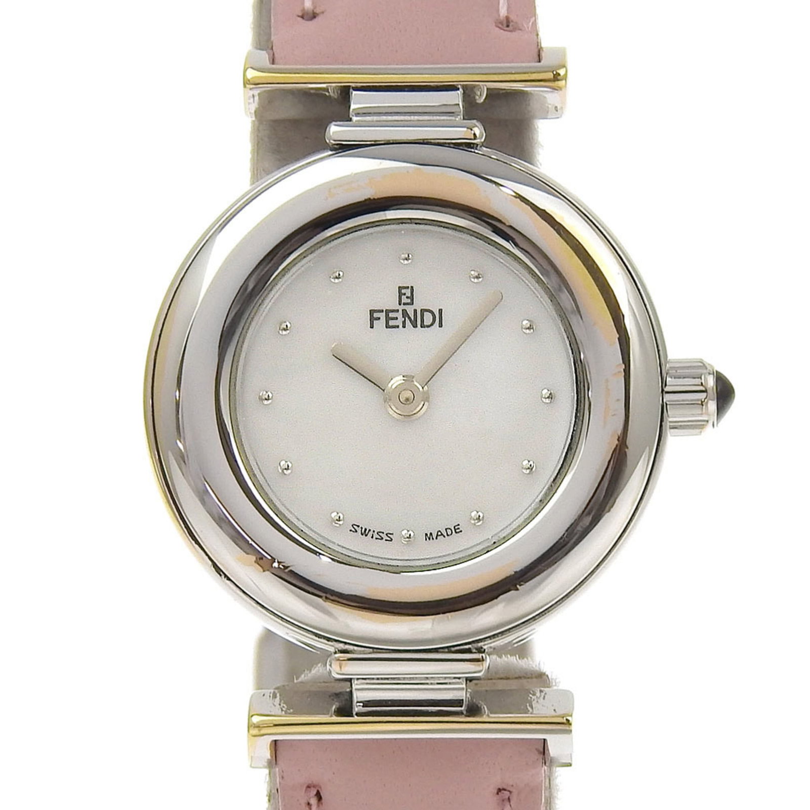 Fendi Wristwatch: Fendi Wristwatch Stainless steel case with an embossed leather strap, the Fendi wristwatch features a white shell dial and a quartz movement. Available in sizes to fit wrists between 14cm and 18cm,