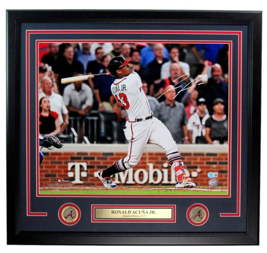 Ronald Acuna Jr. Signed/ Autographed 16x20 Photo Braves Framed Beckett 200799: Ronald Acuna Jr. Signed/ Autographed 16x20 Photo Braves Framed Beckett 200799 This 16x20 photo of Ronald Acuna Jr. has been signed by the Braves star and framed in a Beckett-graded display case,