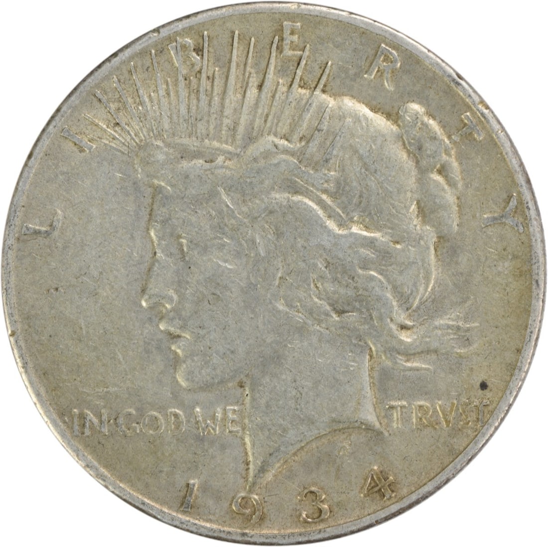 Uncertified Peace Silver Dollar 1934 S: Uncertified Peace Silver Dollar 1934 S The 1934 S Peace Silver Dollar features a unique mint mark, denoting its origin from the San Francisco Mint. This circulated coin showcases the iconic design of 