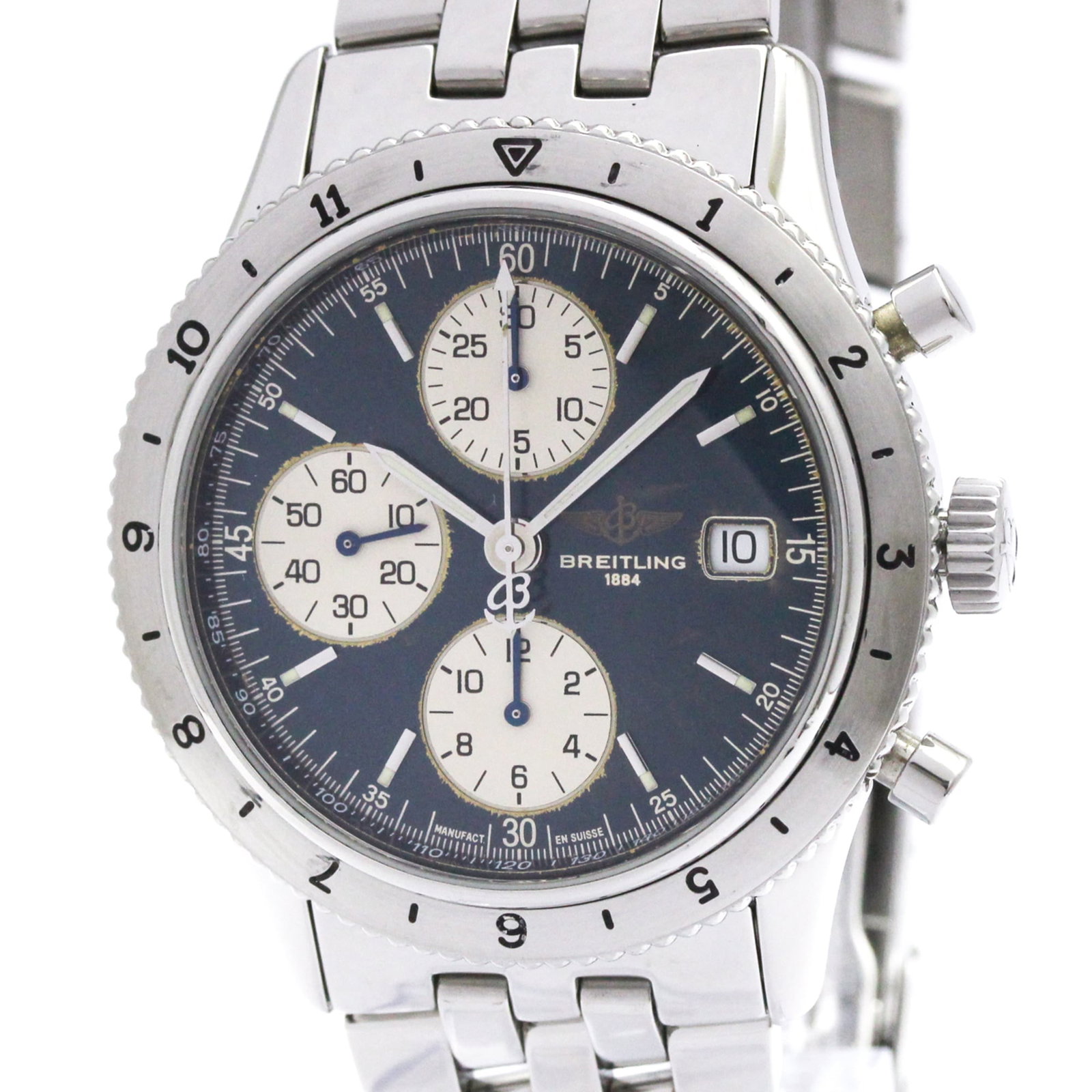 Breitling Wristwatch: Breitling Wristwatch Stainless steel case and band provide a sleek, sporty look for the Breitling Navitimer A13023 wristwatch. This self-winding automatic chronograph features a blue dial and is accom
