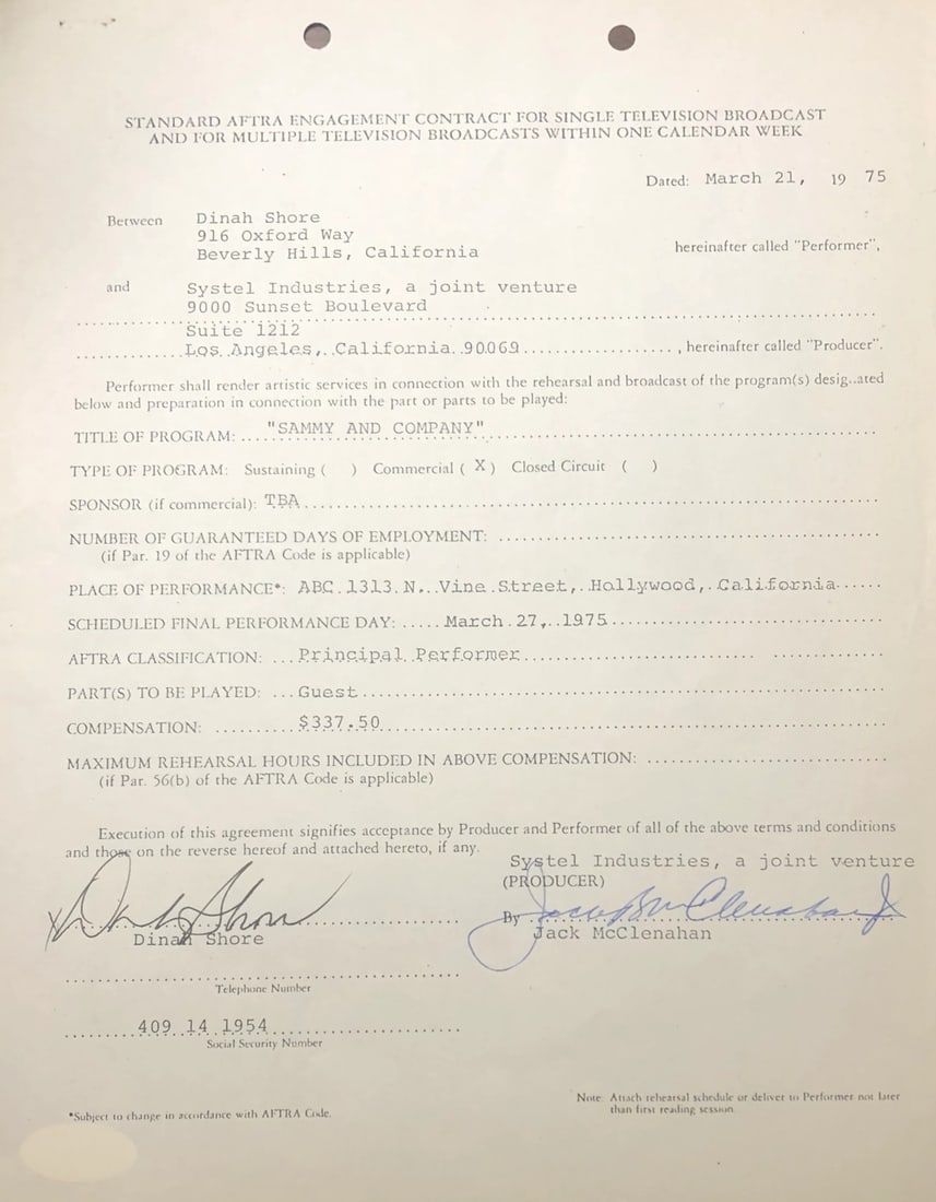 Dinah Shore Autographed Contract (JSA) (1 of 2)