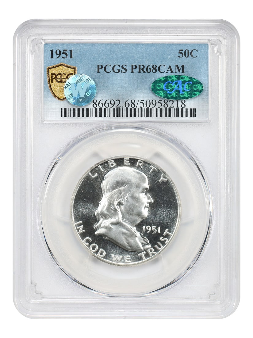 PCGS/ CAC PR68CAM Franklin Half Dollar 1951: PCGS/ CAC PR68CAM Franklin Half Dollar 1951 PCGS/ CAC PR68CAM Franklin Half Dollar 1951 - A highly graded example of the iconic Franklin half dollar, certified by PCGS and CAC to be in near-mint