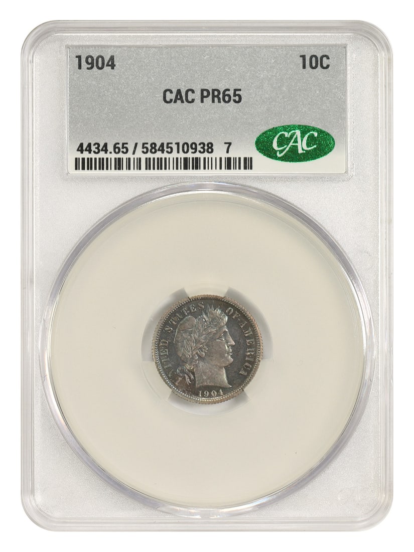 1904 10C CACG PR65 - Barber Dime: 1904 10C CACG PR65 - Barber Dime The 1904 10C CACG PR65 Barber Dime boasts a stunning grade of PR65, showcasing exceptional luster and detail. Certified by the CACG, this uncirculated coin is a rare f