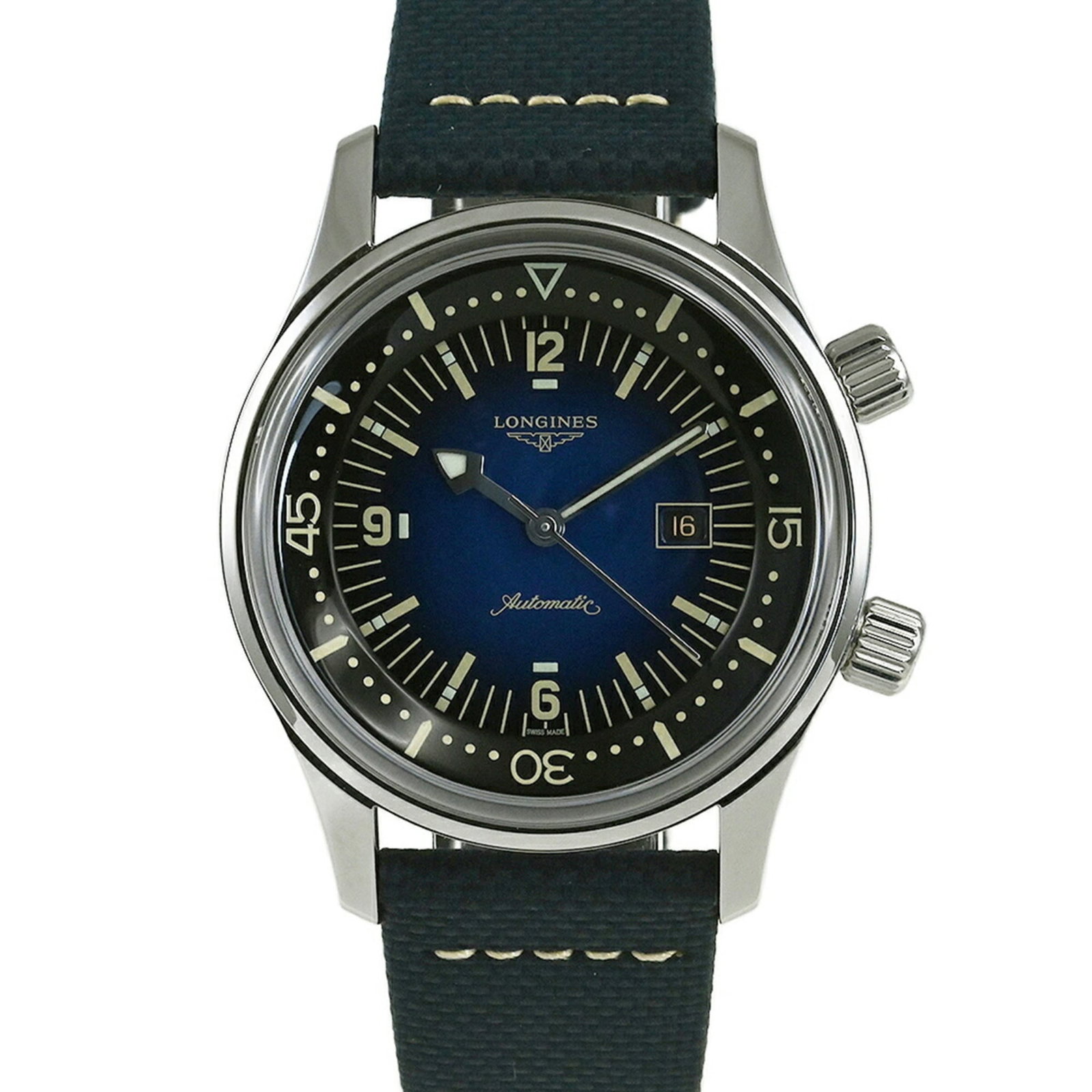 Wristwatch of Longines: Wristwatch of Longines Stainless steel case, 36mm in diameter, adds a touch of ruggedness to this Longines Legend Diver watch. The blue dial and self-winding automatic movement make for a sleek and