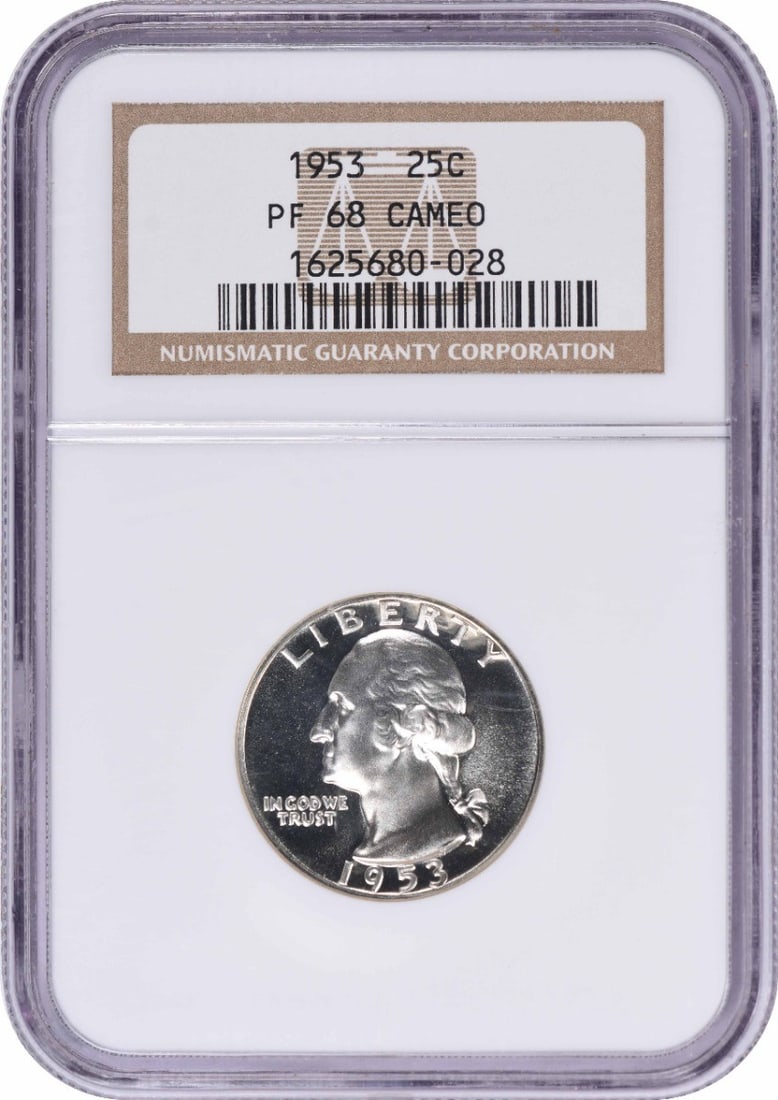 1953 Washington Silver Quarter PR68CAM NGC: 1953 Washington Silver Quarter PR68CAM NGC PR68CAM designation indicates an exceptionally high level of detail and strike quality, showcasing the coin's exceptional craftsmanship. This 1953 Washington