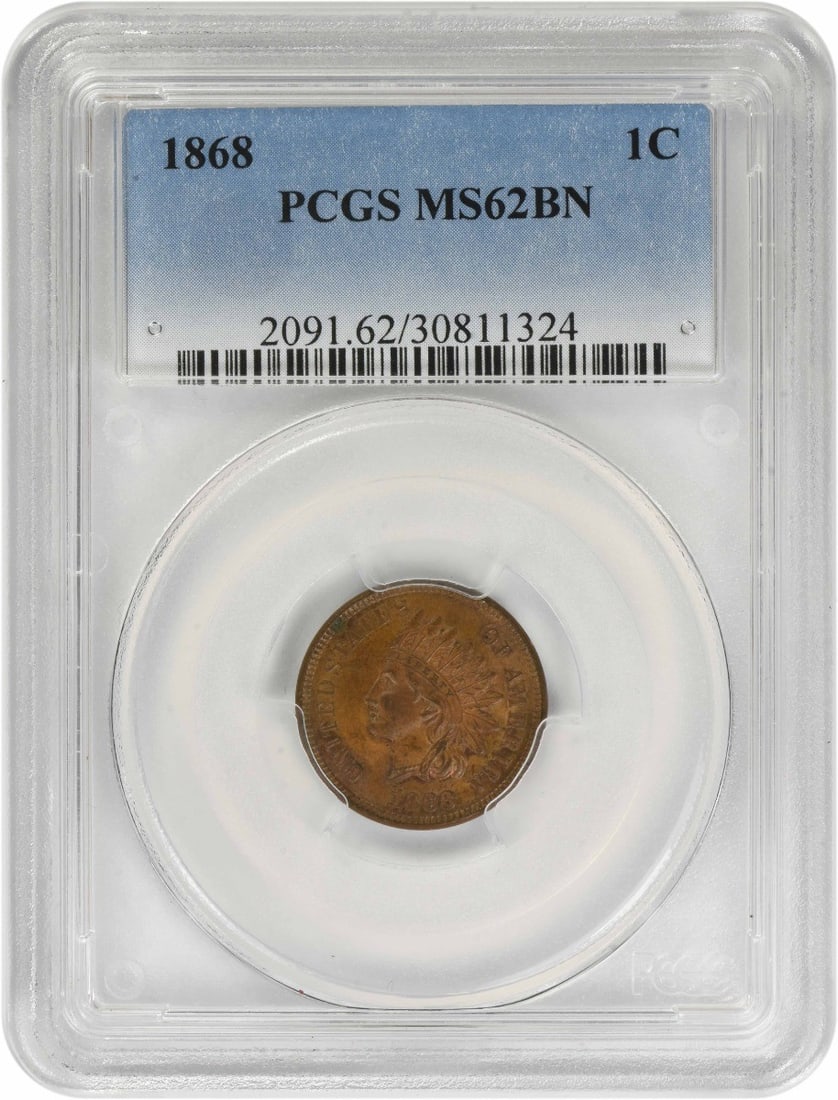 MS62BN PCGS 1868 Indian Cent: MS62BN PCGS 1868 Indian Cent MS62BN PCGS 1868 Indian Cent, certified circulated and dated 1868 from the Philadelphia mint, boasts a rich history with its plain edge design. Weighing in at 3.11 grams, 