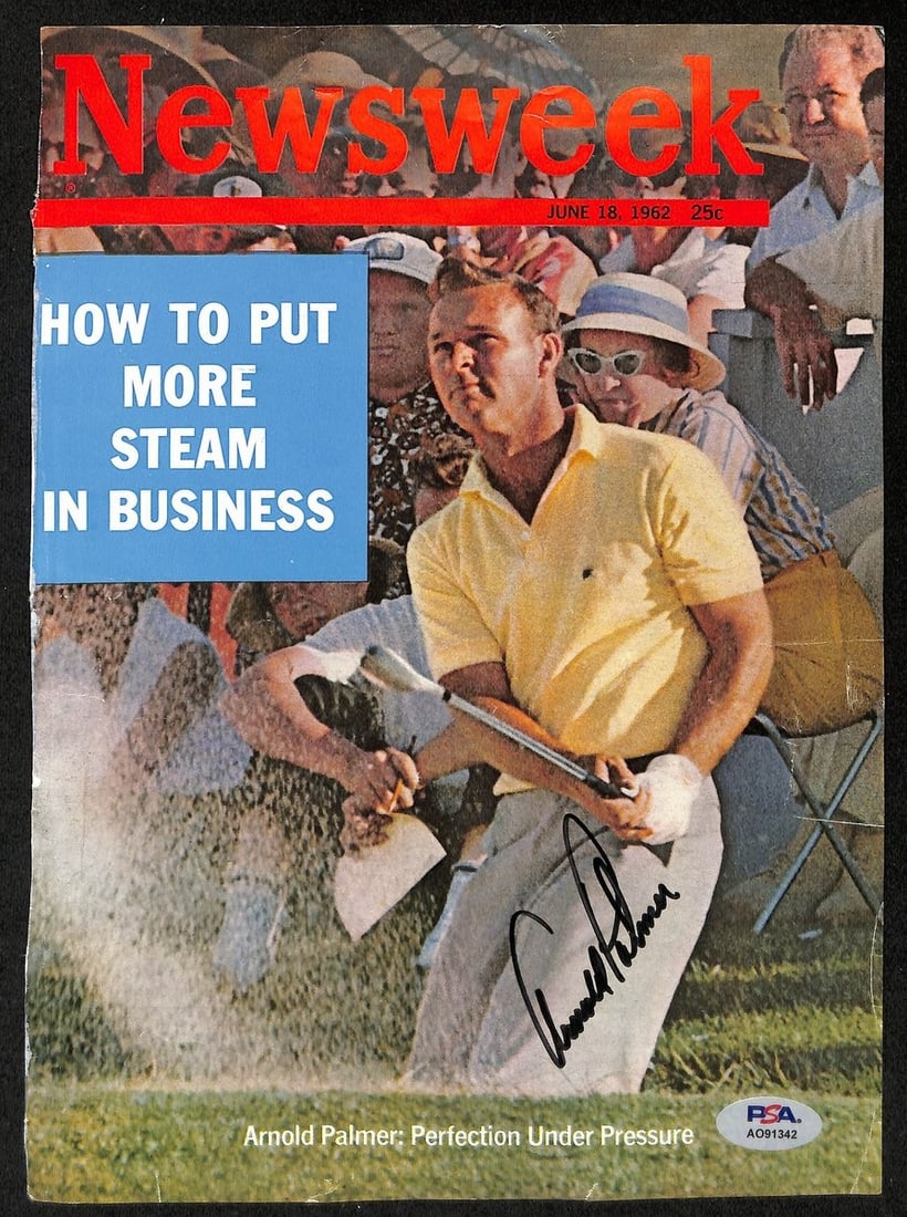 Arnold Palmer Signed June 18, 1962 Newsweek Magazine Cover PSA/ DNA 196019: Arnold Palmer Signed June 18, 1962 Newsweek Magazine Cover PSA/ DNA 196019 Signed by Arnold Palmer on the June 18, 1962 Newsweek Magazine Cover, this rare photo features one of golf's most iconic figu