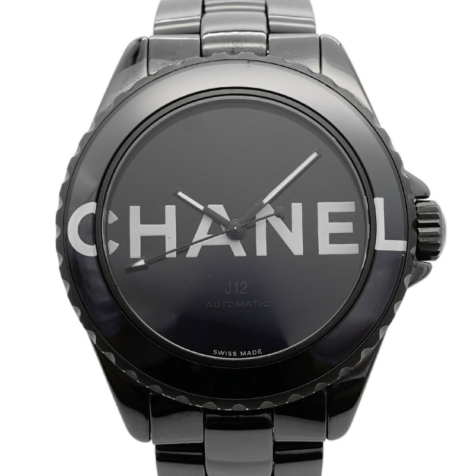 Chanel Wristwatch: Chanel Wristwatch Ceramic band and black dial make for a sleek, modern look in this Chanel wristwatch. The self-winding automatic movement keeps time with precision, while the 39mm case diameter provi