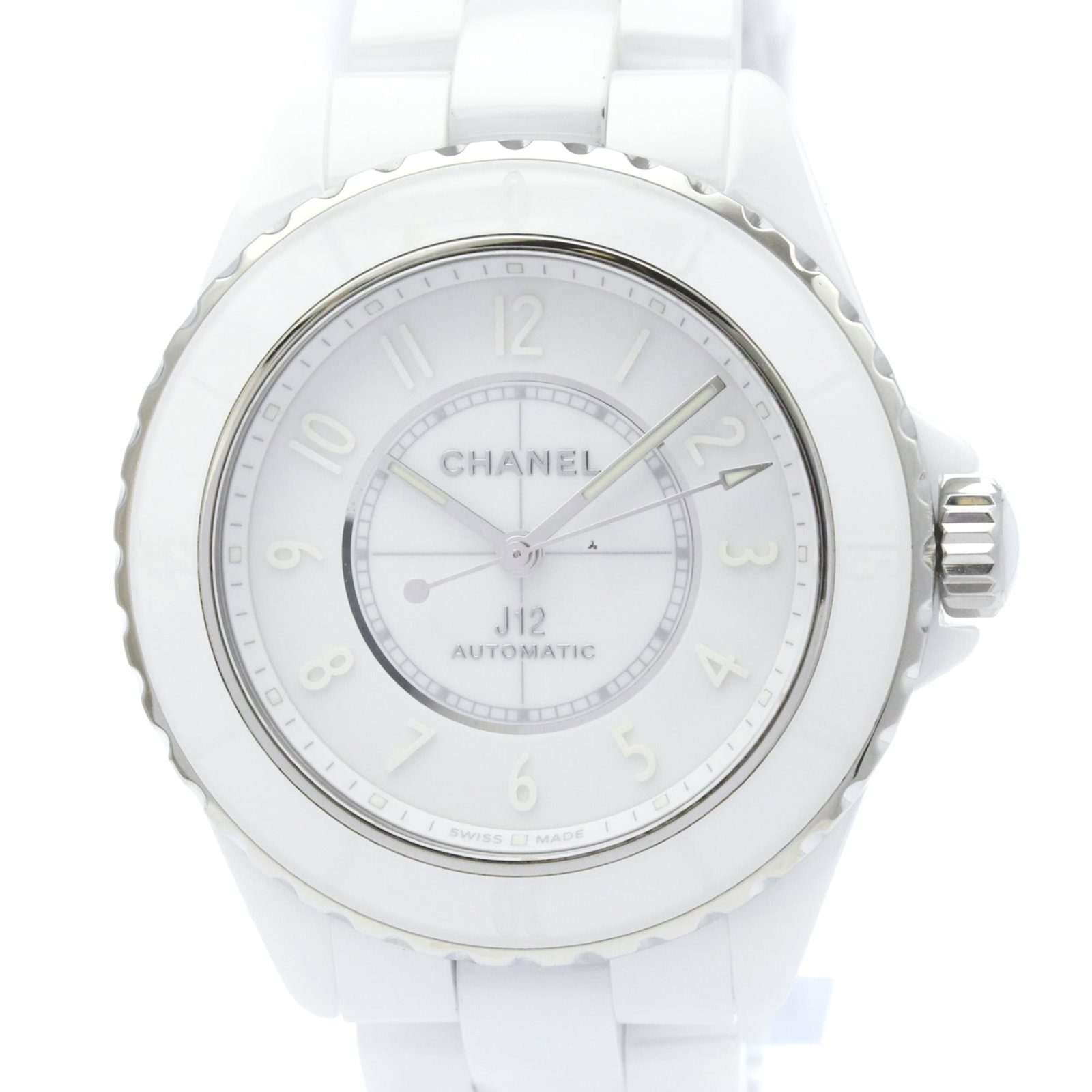 Chanel Wristwatch: Chanel Wristwatch Ceramic case and band make for a sleek, modern design. The self-winding automatic movement keeps time with precision. A white dial completes the sporty look of this Chanel J12