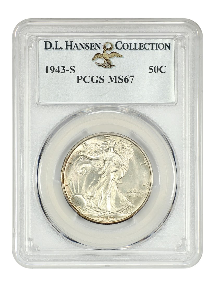 Walking Liberty Half Dollar 1943-S PCGS MS67 ex D.L. Hansen: Walking Liberty Half Dollar 1943-S PCGS MS67 ex D.L. Hansen The Walking Liberty Half Dollar, minted in 1943-S, boasts its San Francisco mint mark and is certified by PCGS as MS67. This uncirculated