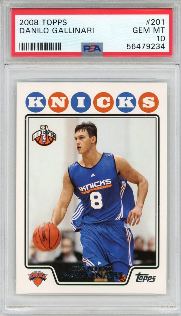 Gallinari Danilo 2008 Topps Card Rookie #201 PSA: Gallinari Danilo 2008 Topps Card Rookie #201 PSA Gem Mint 10 graded and slabbed by PSA, the Danilo Gallinari 2008 Topps Rookie Card #201 is a highly detailed and accurate representation of the card's