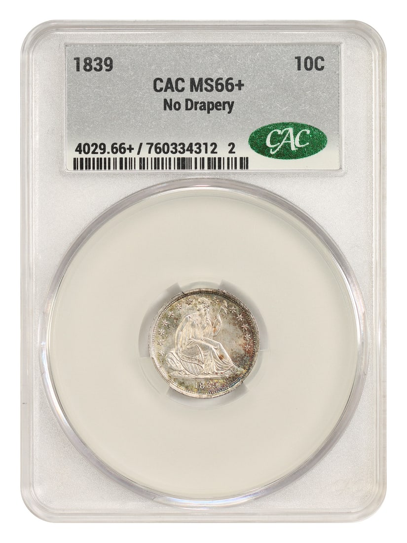 MS66+ 10C CACG 1839 Liberty Seated Dime No Drapery: MS66+ 10C CACG 1839 Liberty Seated Dime No Drapery The MS66+ 10C CACG 1839 Liberty Seated Dime No Drapery boasts exceptional condition, with a high grade of MS66+ indicating its superior state of