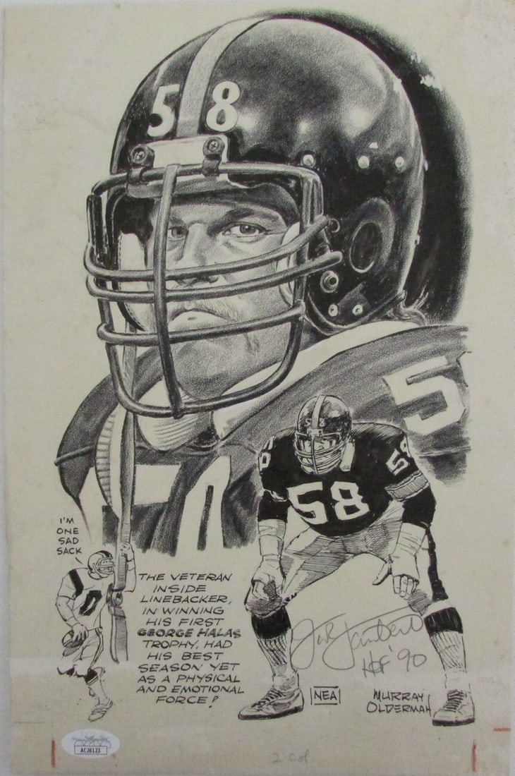 Jack Lambert HOF Autographed 8.5x13 Orig Olderman Drawing 1/ 1 Steelers JSA: Jack Lambert HOF Autographed 8.5x13 Orig Olderman Drawing 1/ 1 Steelers JSA Jack Lambert's iconic drawing, signed by the legendary linebacker and member of the Pro Football Hall of Fame. This 8.5x13