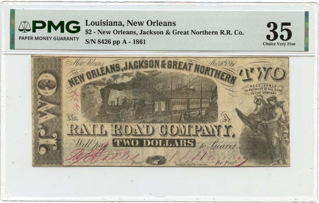 1861 $2 New Orleans Louisiana Obsolete Jackson & Great Northern R.R. Co PMG VF35: 1861 $2 New Orleans Louisiana Obsolete Jackson & Great Northern R.R. Co PMG VF35 The 1861 $2 New Orleans Louisiana Obsolete Jackson & Great Northern R.R. Co PMG VF35 is a circulated example of an earl