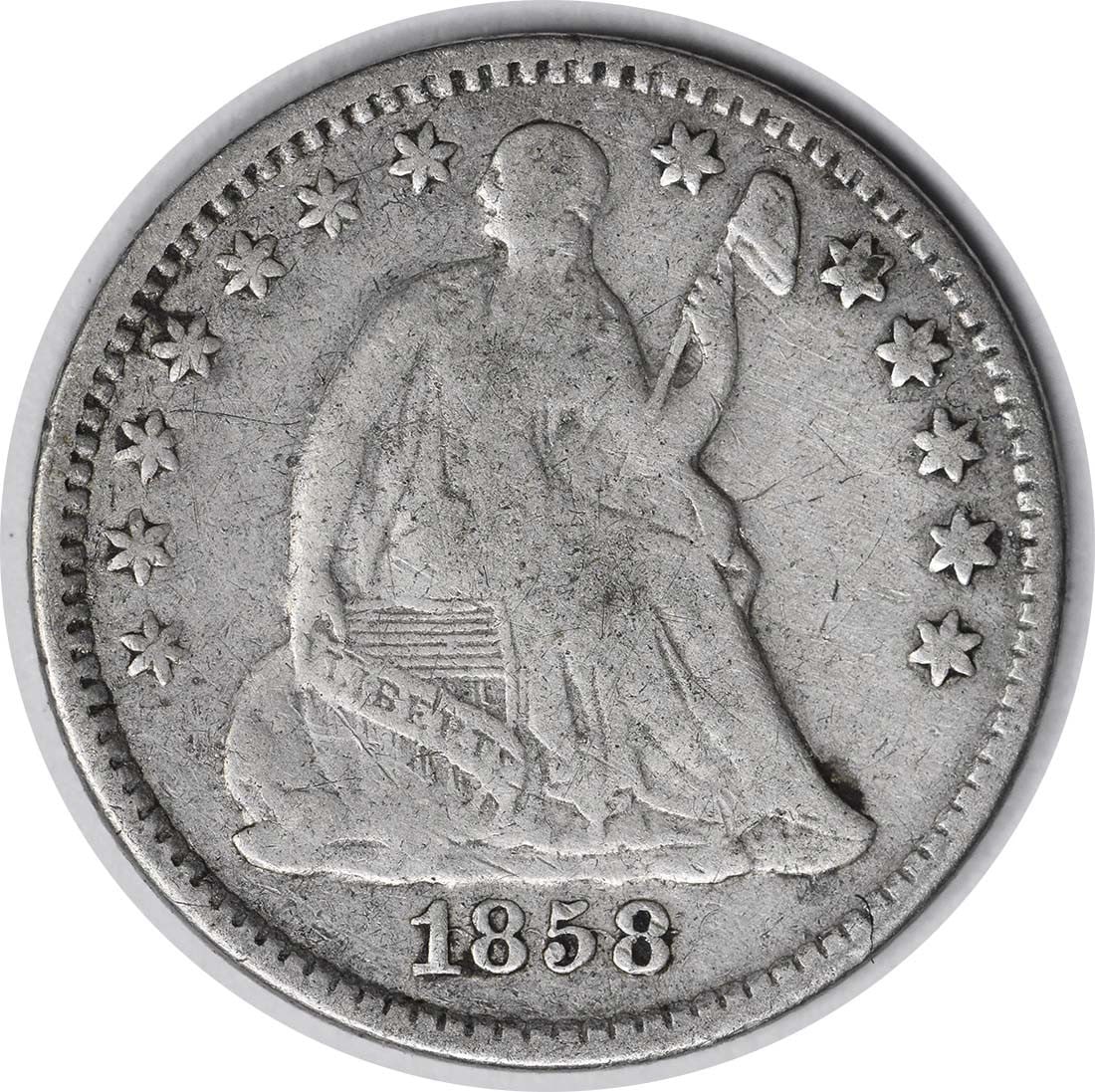 1858 Liberty Seated Half Dime RPD/ Inverted Date FS-302 F Uncertified: 1858 Liberty Seated Half Dime RPD/ Inverted Date FS-302 F Uncertified The 1858 Liberty Seated Half Dime features an inverted date, a notable characteristic that sets it apart from other coins. Certifi