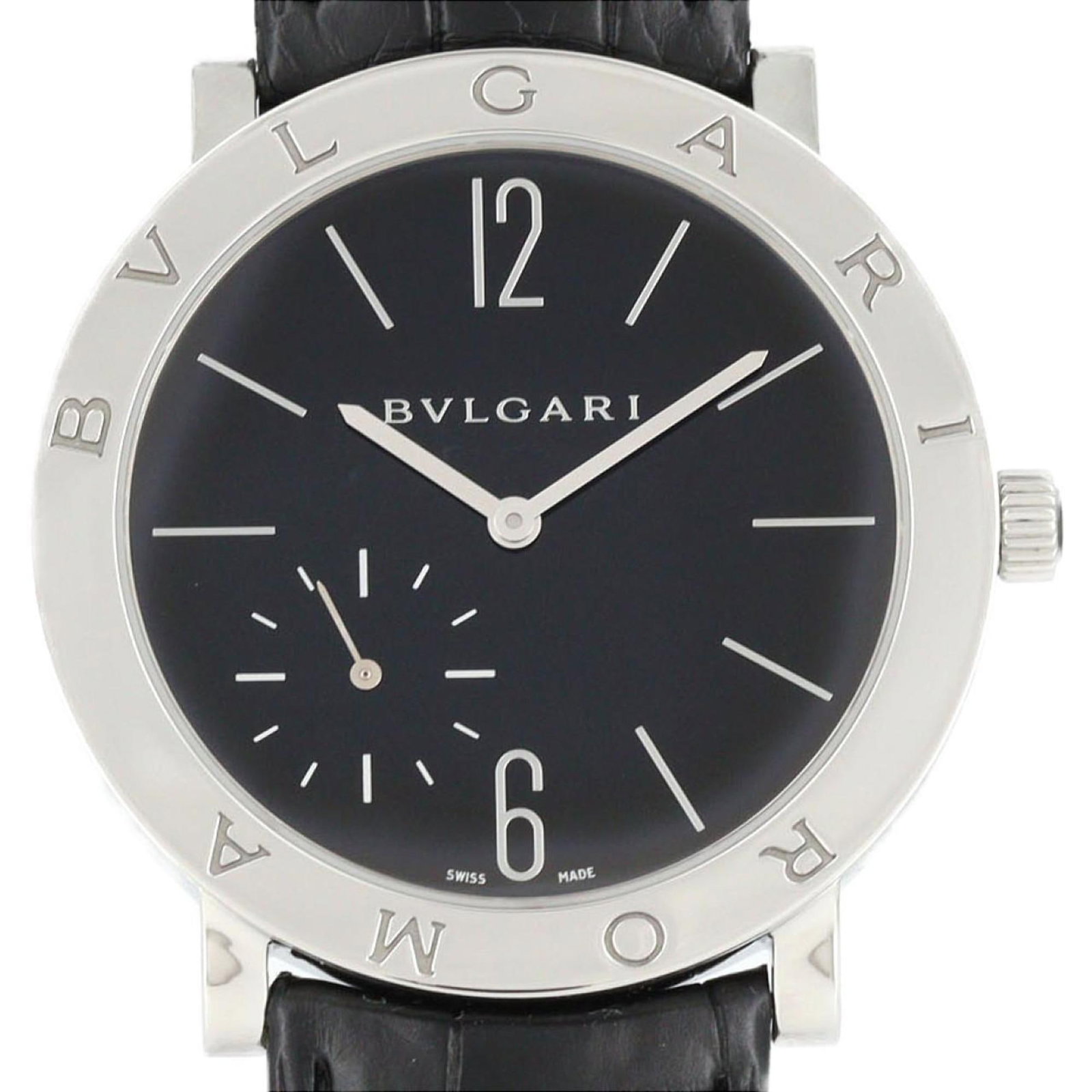 Bvlgari Wristwatch: Bvlgari Wristwatch Stainless steel case with a black dial, this Bvlgari wristwatch features a manual winding mechanical movement. With its 41mm diameter and sleek design, it's a stylish accessory for 