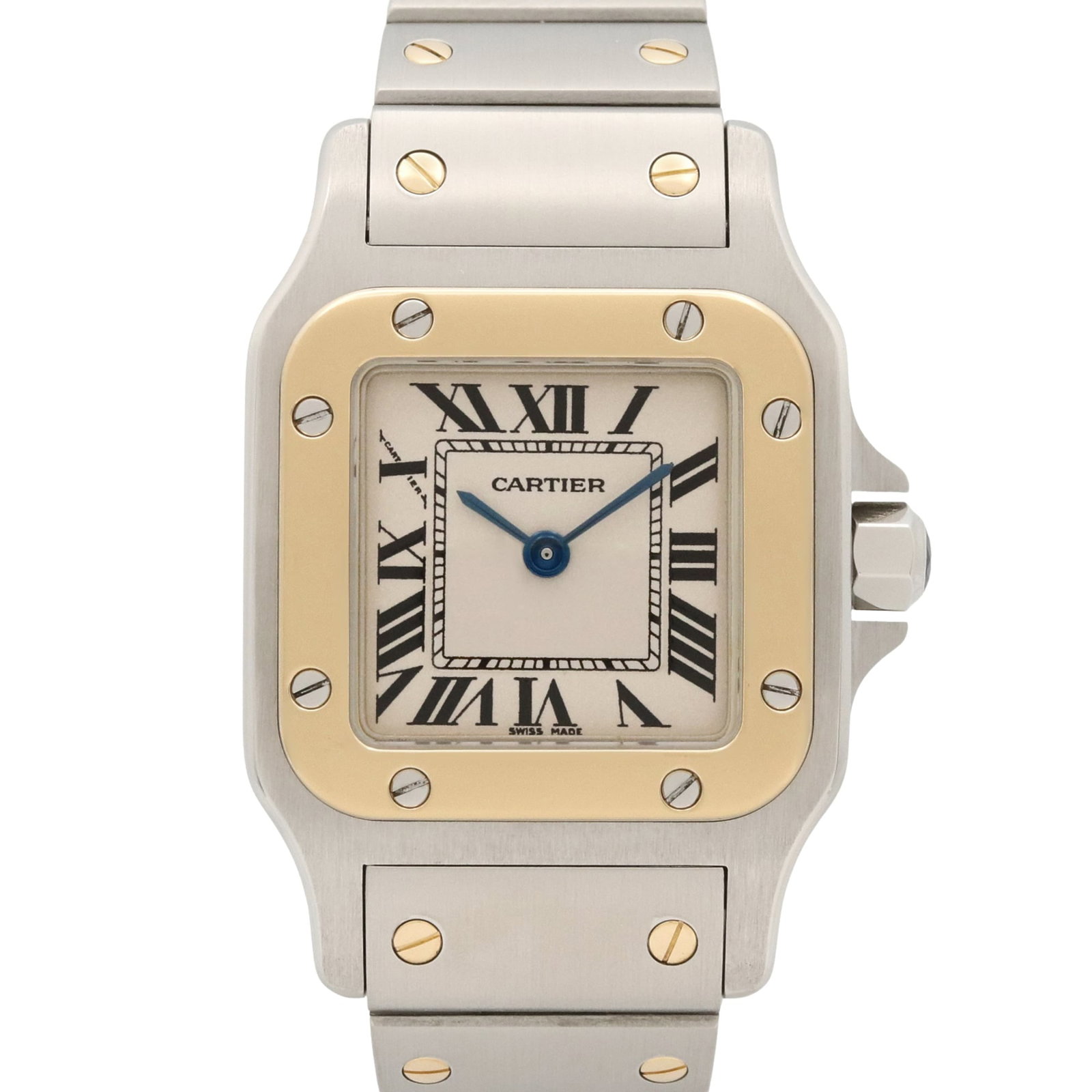 Cartier Wristwatch: Cartier Wristwatch The Cartier Wristwatch boasts a sleek design with its stainless steel and yellow gold (18K) case, complemented by a silver dial. Its quartz movement ensures reliable timekeeping,
