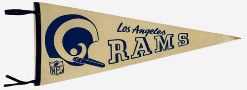 1960's Los Angeles Rams Vintage Pennant Banner: 1960's Los Angeles Rams Vintage Pennant Banner Vintage 1960s Los Angeles Rams pennant banner with minor creases, offering a nostalgic glimpse into the team's rich history. Brought to you from the orig