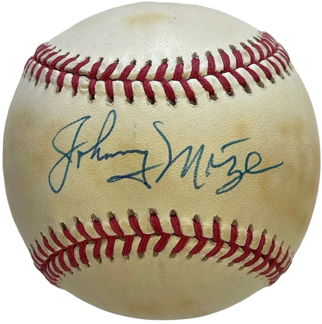 Johnny Mize Autographed Official American League Baseball JSA: Johnny Mize Autographed Official American League Baseball JSA Signed in blue pen across the sweet spot of an official Bobby Brown baseball, this Johnny Mize autographed Official American League Baseba