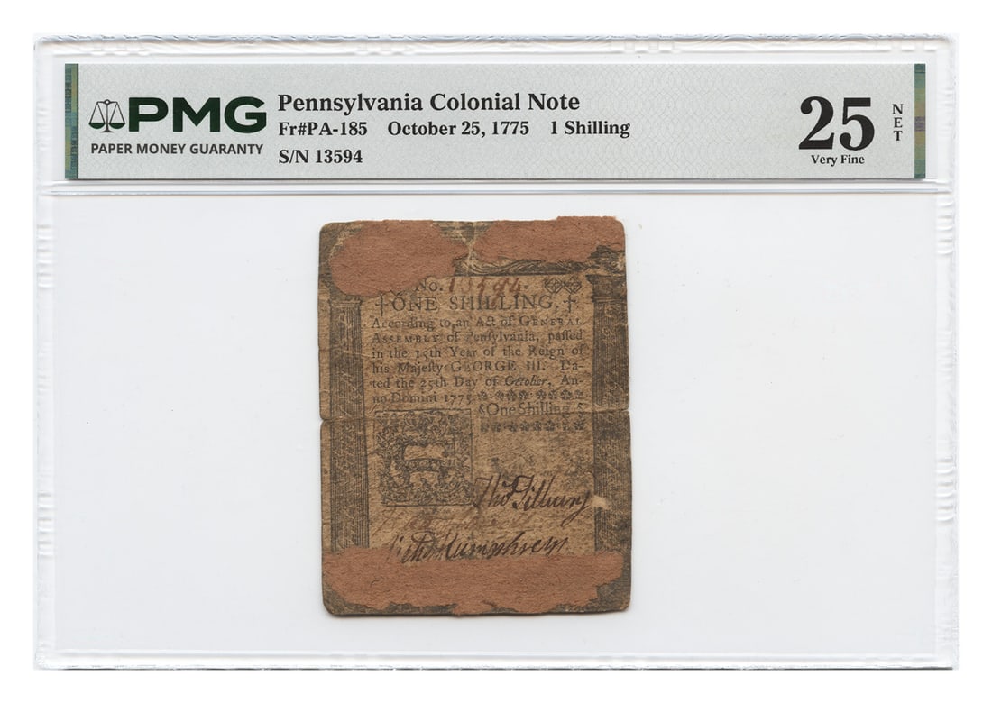 FR. PA-185 Oct 25, 1775 1S Pennsylvania Colonial Currency PMG VF25 (Remnants, St: FR. PA-185 Oct 25, 1775 1S Pennsylvania Colonial Currency PMG VF25 (Remnants, St Item Specifics: Denomination: 1 Shilling Circulated/Uncirculated: Circulated Certification: PMG Certification Number: 2