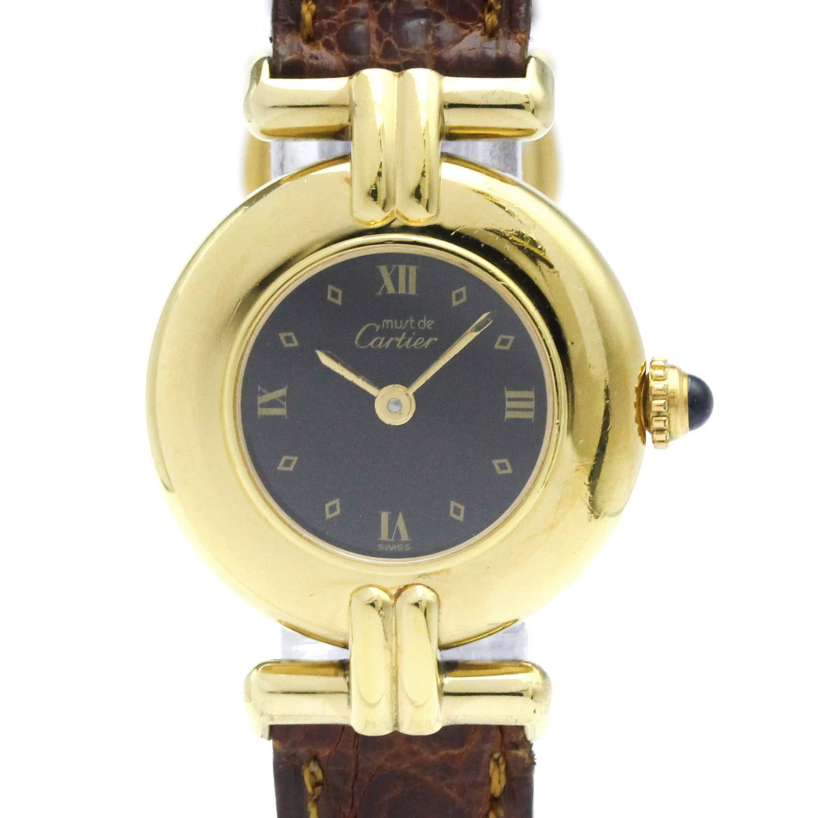 Cartier Wristwatch: Cartier Wristwatch Cartier's Colisee model wristwatch boasts a sleek black dial and a gold-plated case, complemented by a supple leather strap. The quartz movement ensures precise timekeeping, while