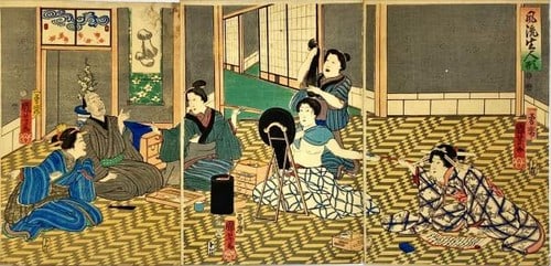 Woodblock print triptych furyu iki ningyo edo period: Woodblock print triptych furyu iki ningyo edo period Item Specifics: Artist: Utagawa Kuniyoshi Subject: Ukiyo-e Iki-ningyo (Living Dolls) Material: Paper Style: Japanese Product Disclaimer: Please rev