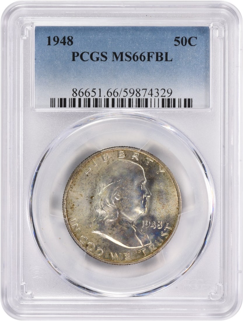 1948 Franklin Silver Half Dollar MS66FBL PCGS: 1948 Franklin Silver Half Dollar MS66FBL PCGS The 1948 Franklin Silver Half Dollar MS66FBL PCGS boasts exceptional condition, graded as Uncirculated by the renowned PCGS. With a mintage of just over 3