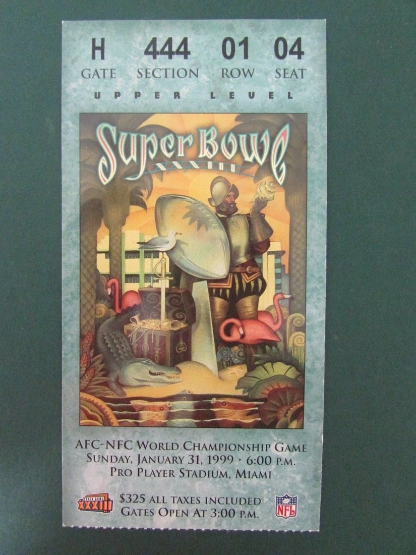 Super Bowl XXXIII Ticket Stub Denver Broncos V. Atlanta Falcons 125855: Super Bowl XXXIII Ticket Stub Denver Broncos V. Atlanta Falcons 125855 Original ticket stub from Super Bowl XXXIII, featuring the Denver Broncos taking on the Atlanta Falcons. The iconic event took