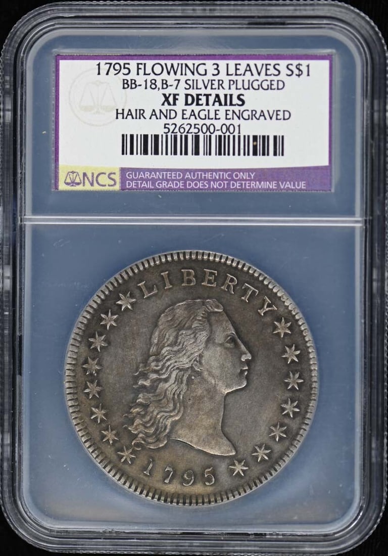 Flowing Hair Dollar Silver Plug 3 Leaves BB-18 B-7 1795 S$1 XF: Flowing Hair Dollar Silver Plug 3 Leaves BB-18 B-7 1795 S$1 XF The Flowing Hair Dollar, minted in 1795, boasts an XF grade and features a striking design with three leaves. This circulated coin bears 