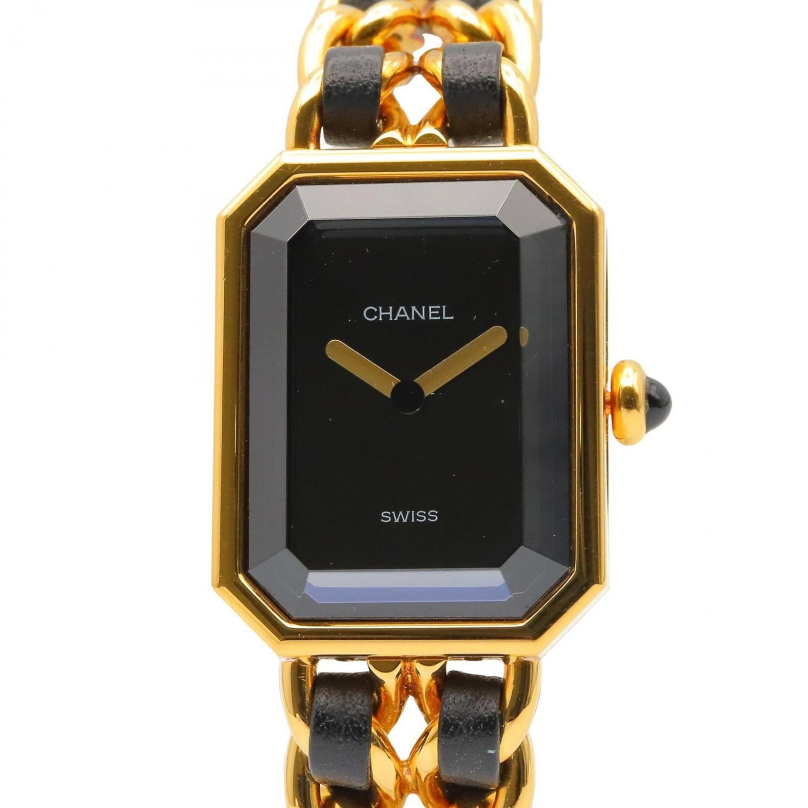 Chanel Wristwatch: Chanel Wristwatch Gold plated, leather-strapped Chanel wristwatch with a black dial and quartz movement. Measuring 20mm in diameter, this stylish timepiece features a sleek design that complements