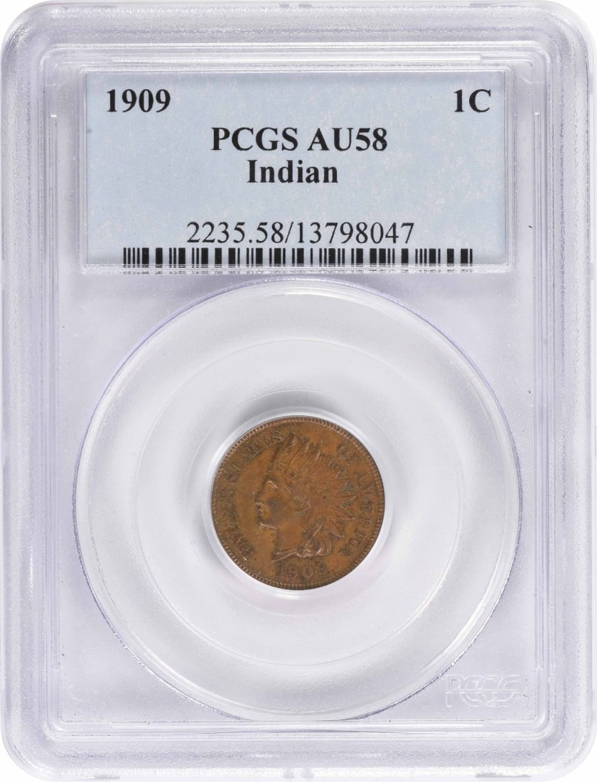PCGS AU58 1909 Indian Cent: PCGS AU58 1909 Indian Cent PCGS AU58 1909 Indian Cent, graded by the renowned Professional Coin Grading Service (PCGS) for its exceptional condition. This copper coin, minted in 1909, boasts a strikin