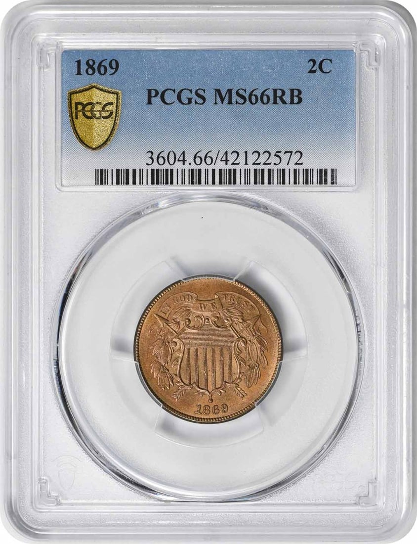 Two cent piece ms66rb pcgs: Two cent piece ms66rb pcgs Two 1869 Two Cent Pieces graded MS66 by PCGS, featuring the rare 'No Mint Mark' variety. Certified Circulated/Uncirculated, these coins showcase exceptional condition with