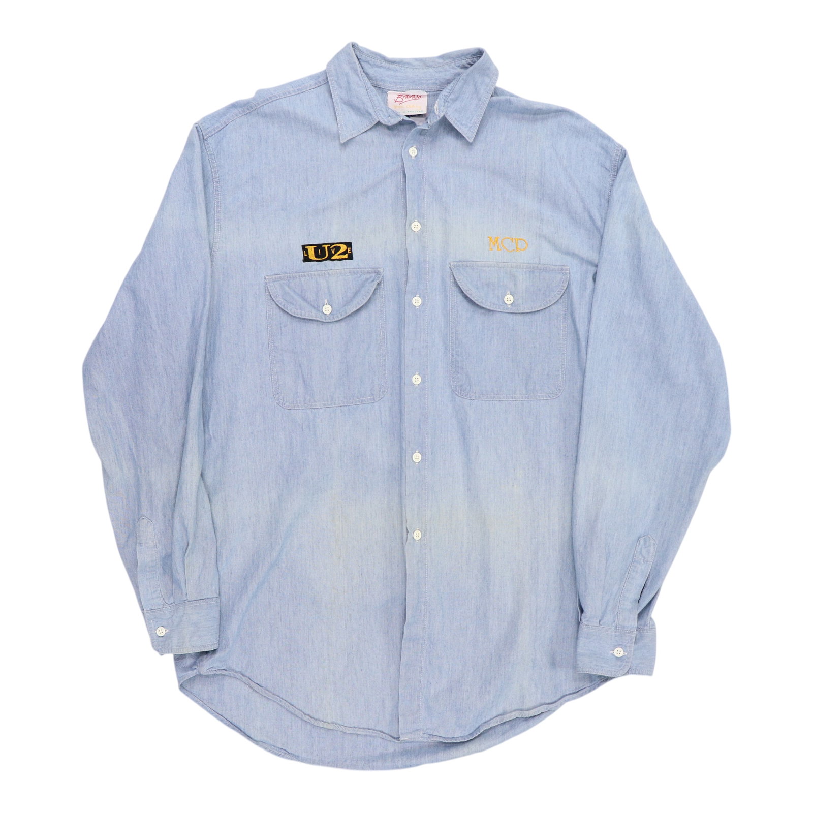 1990s U2 Live Denim Button Up Shirt: 1990s U2 Live Denim Button Up Shirt Authentic 1990s U2 Live Denim Button Up Shirt. This vintage button-up shirt features the iconic band's logo and a stylish denim fabric, perfect for music enthusiast