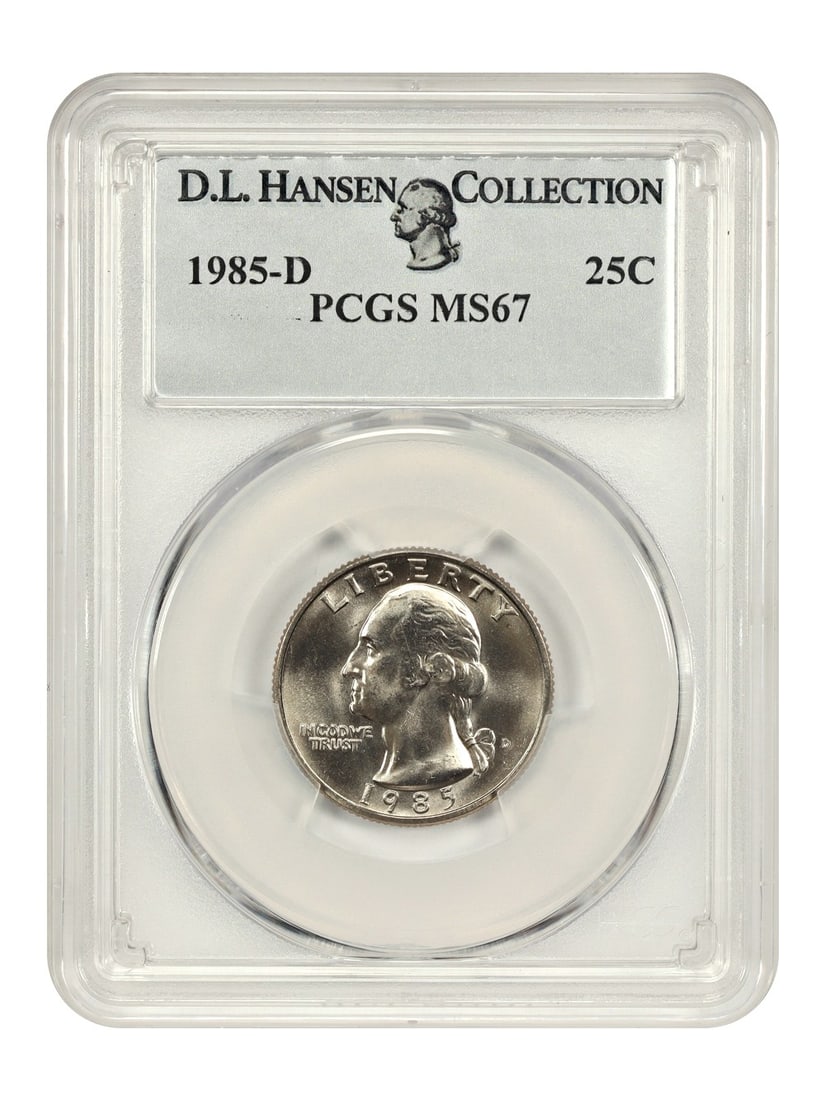 1985-D 25C PCGS MS67 ex: D.L. Hansen - Washington Quarter - Lofty Superb Gem: 1985-D 25C PCGS MS67 ex: D.L. Hansen - Washington Quarter - Lofty Superb Gem The 1985-D Washington Quarter boasts an impressive MS67 grade from PCGS, indicating exceptional condition and minimal wear.