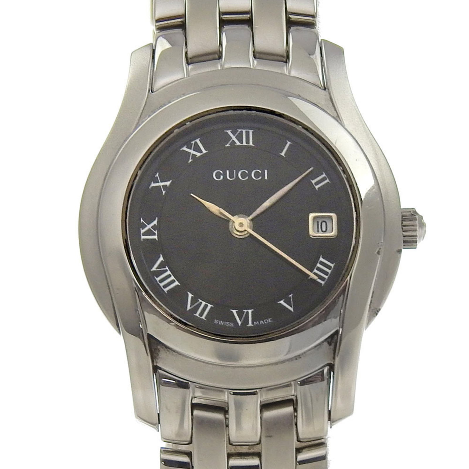 Wristwatch from Gucci: Wristwatch from Gucci Stainless steel case and band provide a sleek, modern look for the Gucci wristwatch. The black dial stands out against its minimalist design, while quartz movement keeps time