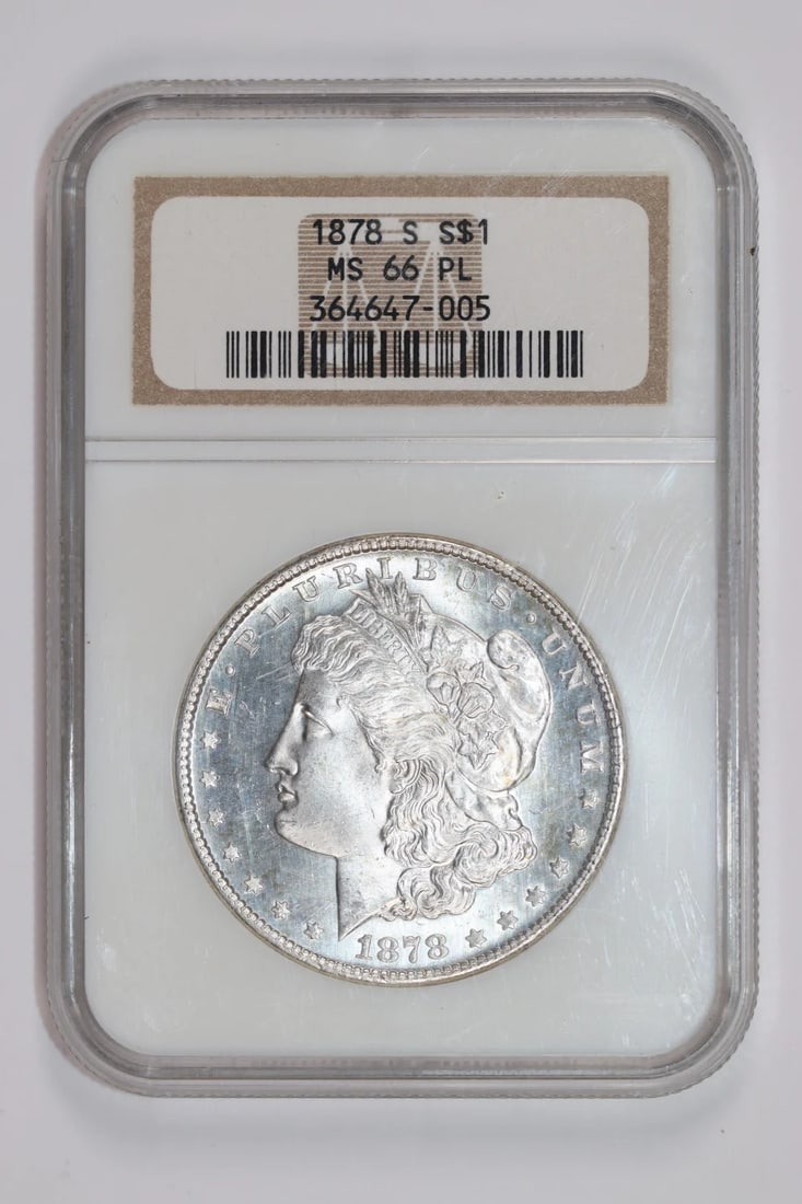 1878-S MORGAN DOLLAR NGC MS66 PL: 1878-S MORGAN DOLLAR NGC MS66 PL The 1878-S Morgan Dollar, graded MS66 by the Numismatic Guaranty Corporation (NGC), boasts exceptional silver content and a high level of preservation. This uncirculat