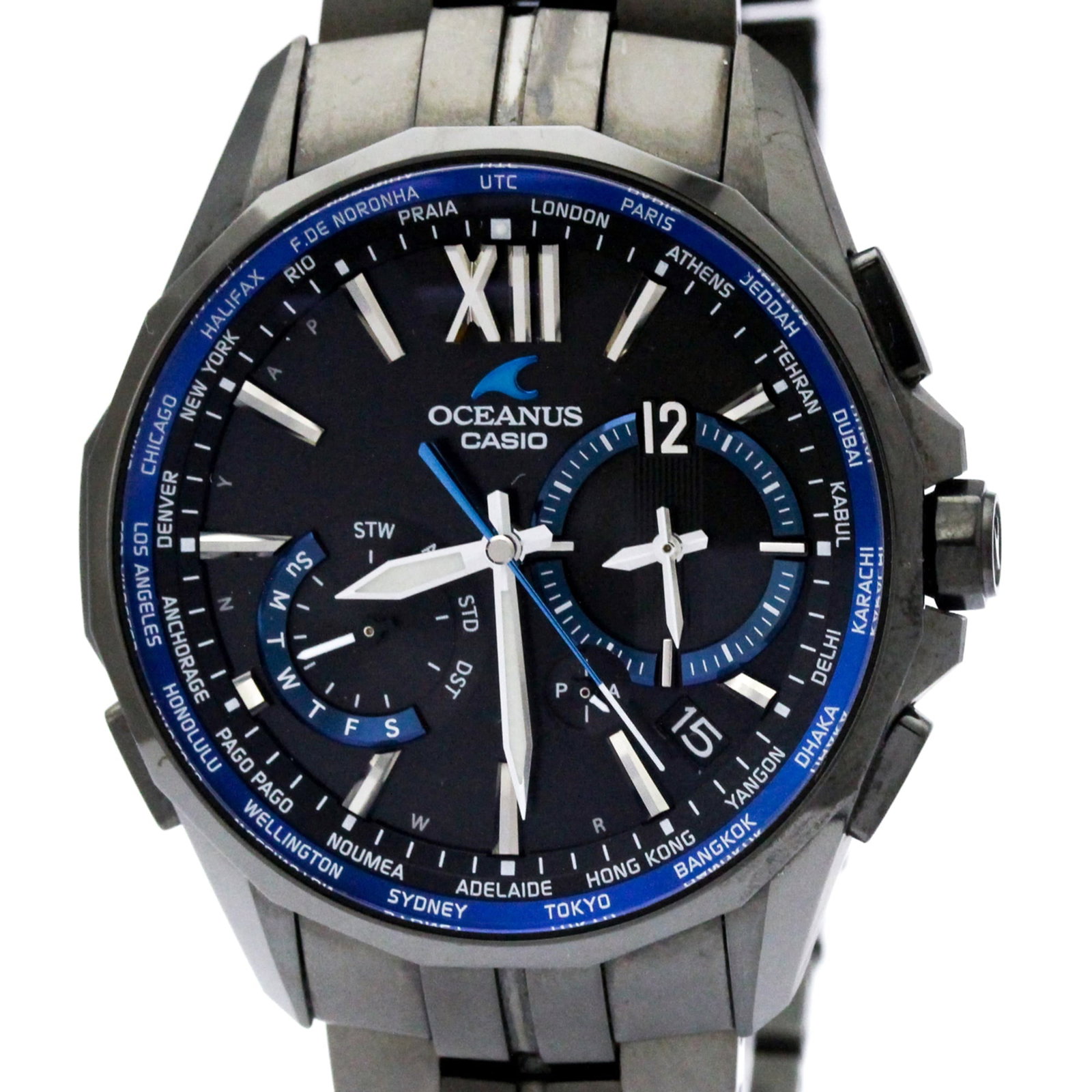 Casio Wristwatch: Casio Wristwatch Titanium construction provides a strong and lightweight foundation for this sporty Casio Oceanus wristwatch, featuring a sleek black dial and radio wave control solar technology. The 