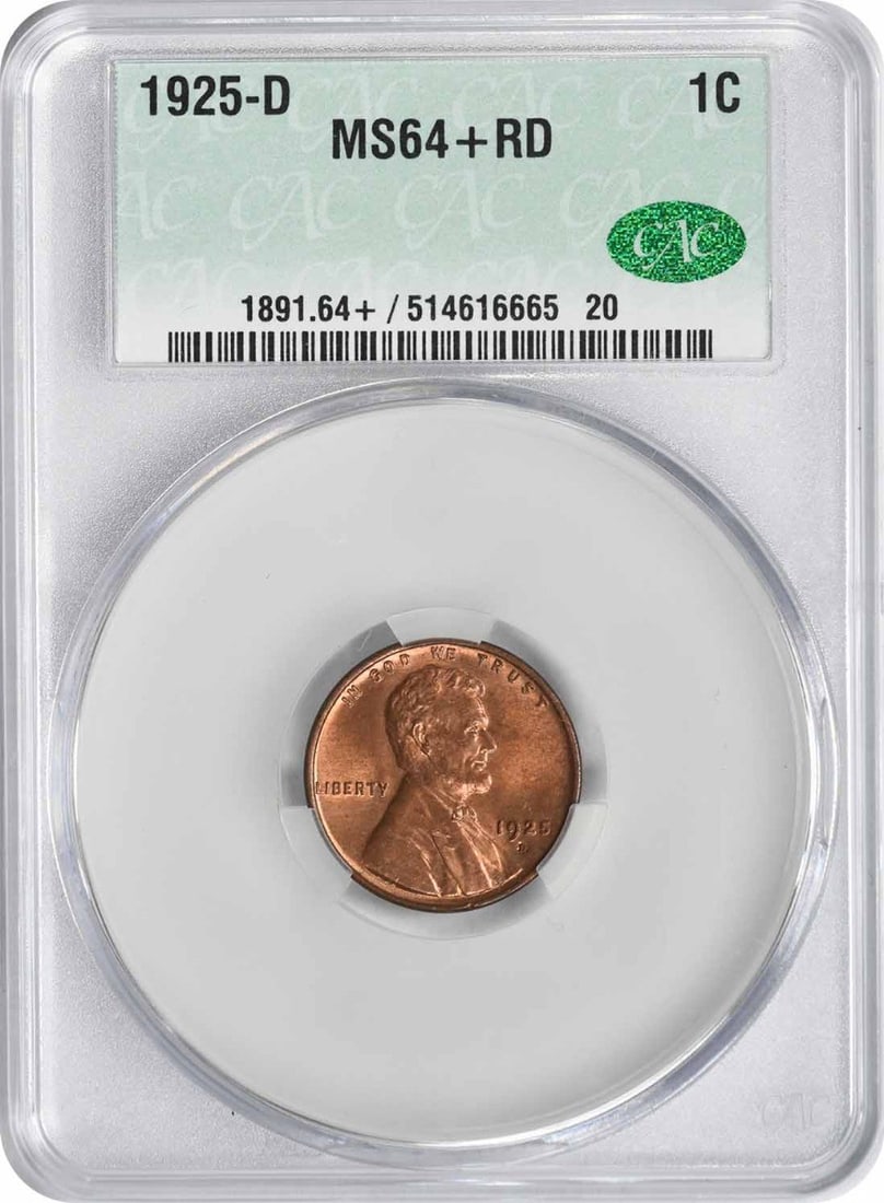 MS64+RD CACG Lincoln Cent 1925-D: MS64+RD CACG Lincoln Cent 1925-D MS64+ RD CACG Lincoln Cent 1925-D features a high-grade uncirculated condition, boasting exceptional detail and luster. Certified by the CACG with a Circulated/Uncircu