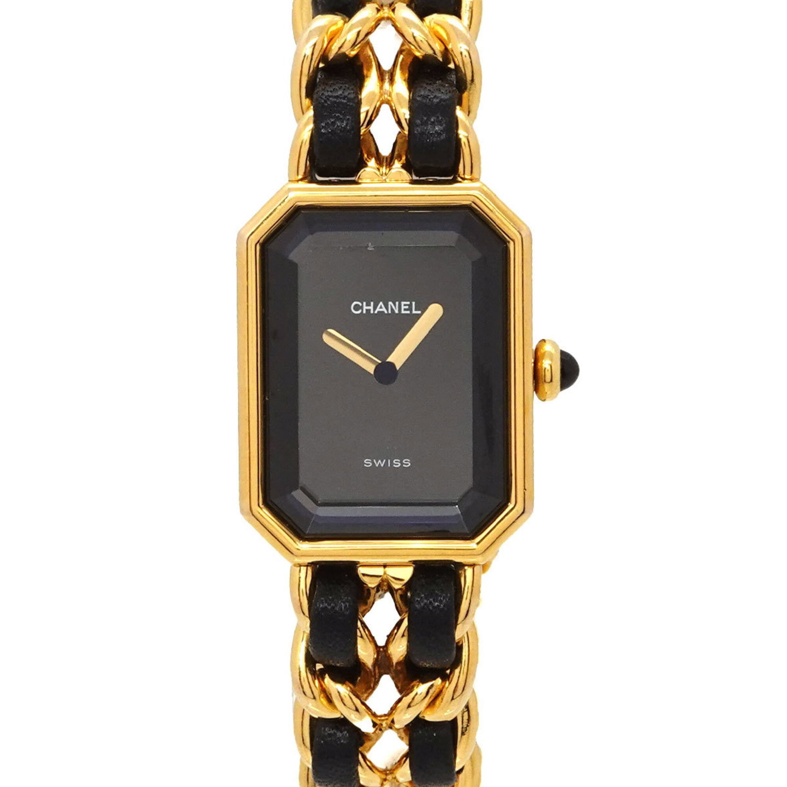 Chanel Wristwatch: Chanel Wristwatch Gold plated, stainless steel case and band combine with a sleek black dial to create a sophisticated timepiece. This Chanel wristwatch features a quartz movement and measures 20mm