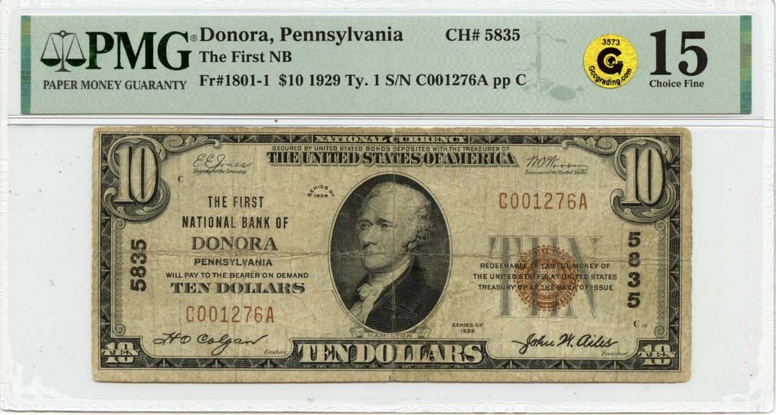 1929 Ty1 $10 First National Bank of Donora PA CH#5835 PMG CH F15 GCC Gold: 1929 Ty1 $10 First National Bank of Donora PA CH#5835 PMG CH F15 GCC Gold The 1929 Ty1 $10 First National Bank of Donora PA features a circulated grade F15, certified by PMG. This note bears the disti