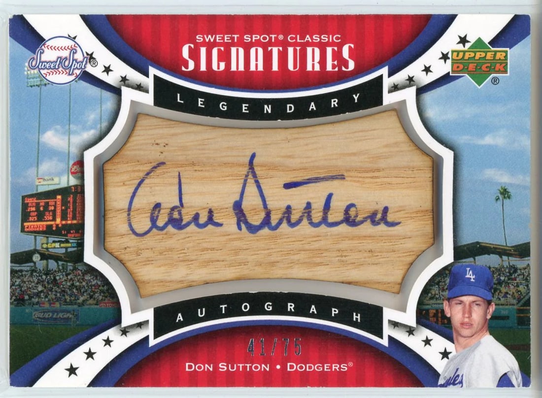 Don Sutton Autographed 2007 Upper Deck Sweet Spot Classic Signatures Card #SPS-D: Don Sutton Autographed 2007 Upper Deck Sweet Spot Classic Signatures Card #SPS-D Signed by Don Sutton, the legendary pitcher, in blue sharpie across the front of his 2007 Upper Deck Sweet Spot Classic
