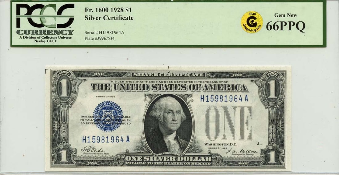 $1 1928 Silver Certificate 66 GEM EPQ FR #1600 PCGS Gold: $1 1928 Silver Certificate 66 GEM EPQ FR #1600 PCGS Gold The 1928 Silver Certificate, graded MS66 by PCGS, boasts an exceptional level of preservation in its circulated state. This rare find features 