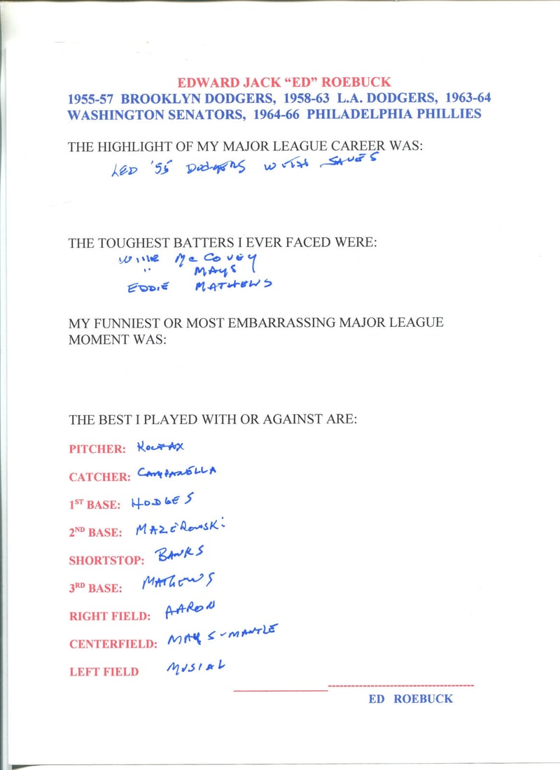 Autographed Hand Filled Out Survey By Roebuck Ed: Autographed Hand Filled Out Survey By Roebuck Ed Ed Roebuck's hand-filled out survey page bears his signature in black pen, offering a unique glimpse into the artist's creative process. The page showc