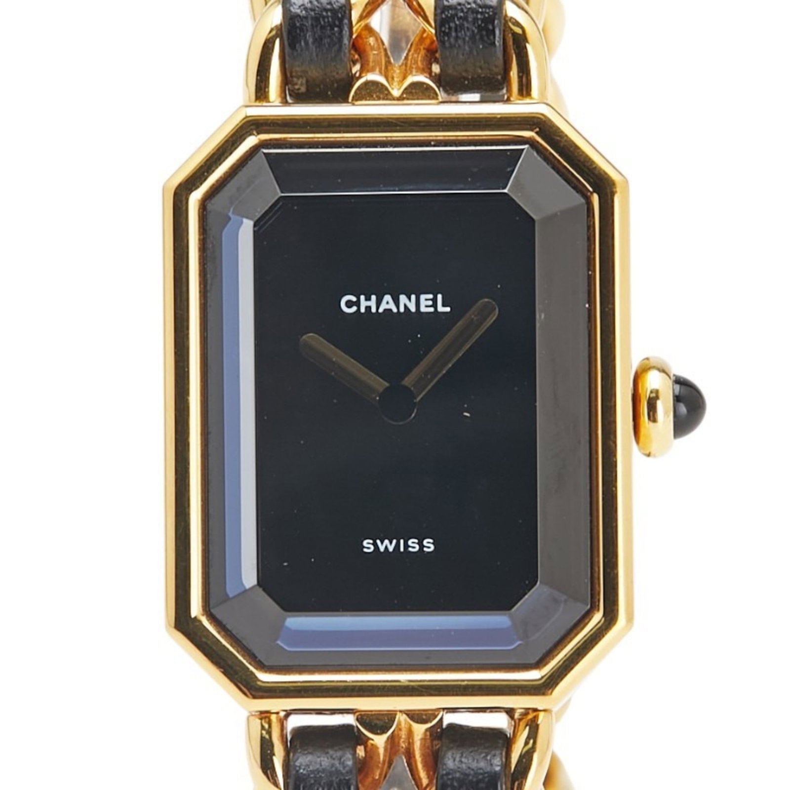Chanel Wristwatch: Chanel Wristwatch Gold plated Chanel wristwatch with a sleek gold case and black leather band, featuring an analog display. The watch boasts a slim profile with a diameter of 20.1mm and a thickness of